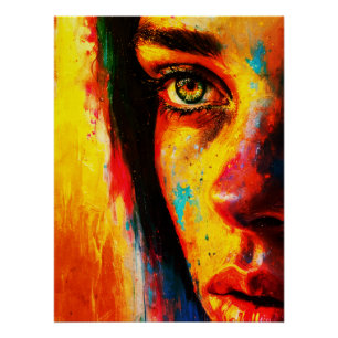 Póster Retrato Colorido de Mulher Olhar Vibrante de Perto