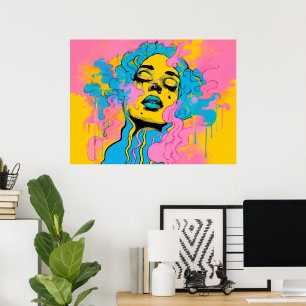 Poster Retrato Colorido de Mulher Psicodélica Pop Art