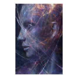 Póster Retrato Cósmico de Rosto Fracturado em Neon