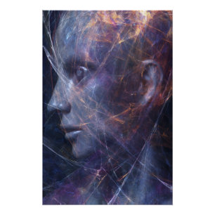 Póster Retrato Cósmico de Rosto Fracturado em Neon