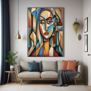 Póster Retrato Cubista Vibrante Abstrato Arte Geométrica