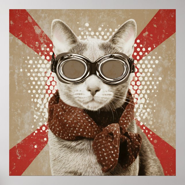 Poster Retrato da Bandeira Retro com Gato de Óculos e Cac (Frente)