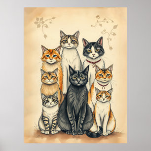 Poster Retrato da Família Cat Inspirado na Vintage