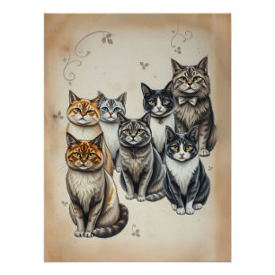 Póster Retrato da Família Cat Inspirado na Vintage