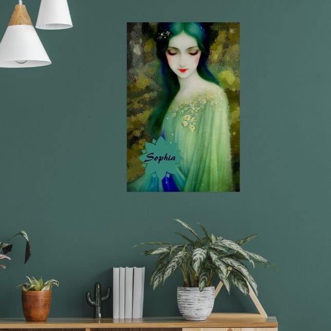 Poster Retrato da Mulher Fantasia Elegante em Verde e Azu (Sala de Estar 1)