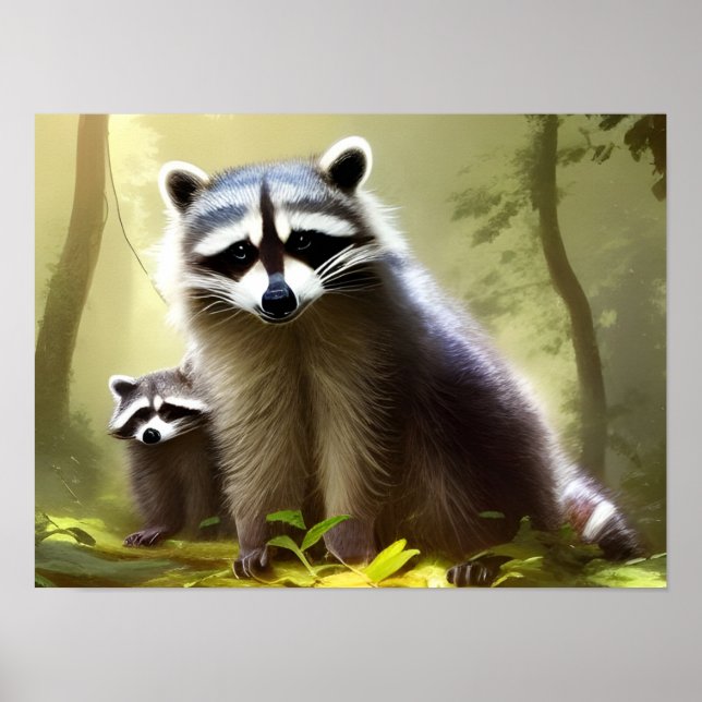 Poster Retrato da Vida Selvagem da Família Raccoon (Frente)