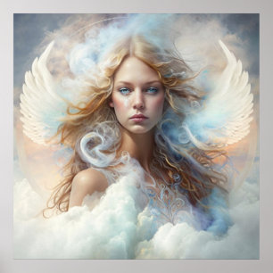 Poster Retrato de Anjo Loiro com Asas Brancas e Nuvens