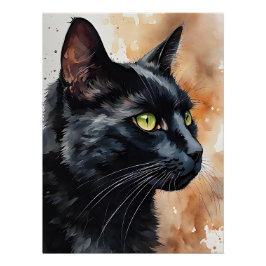 Póster Retrato de Aquarela de Olhos Verdes Pretos de Gato