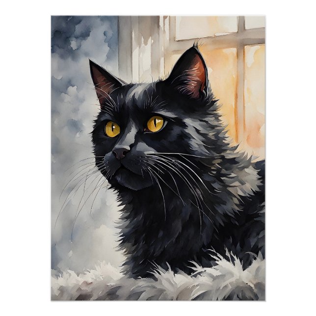 Póster Retrato de Aquarela de Pinças de Gato Preto (Frente)