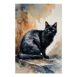 Póster Retrato de Aquarela de Pose Negra de Gato