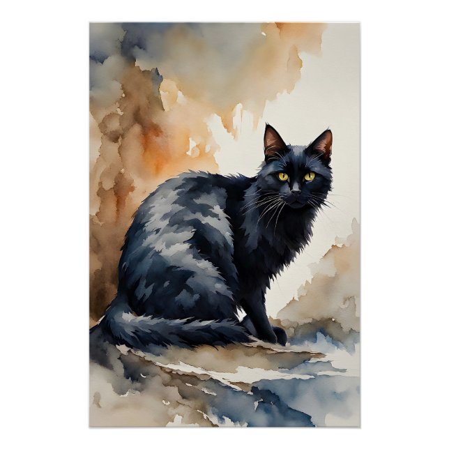 Póster Retrato de Aquarela de Pose Negra de Gato (Frente)