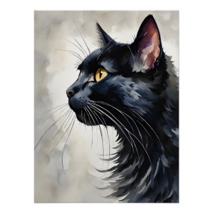 Póster Retrato de Aquarela do Perfil de Gato Preto