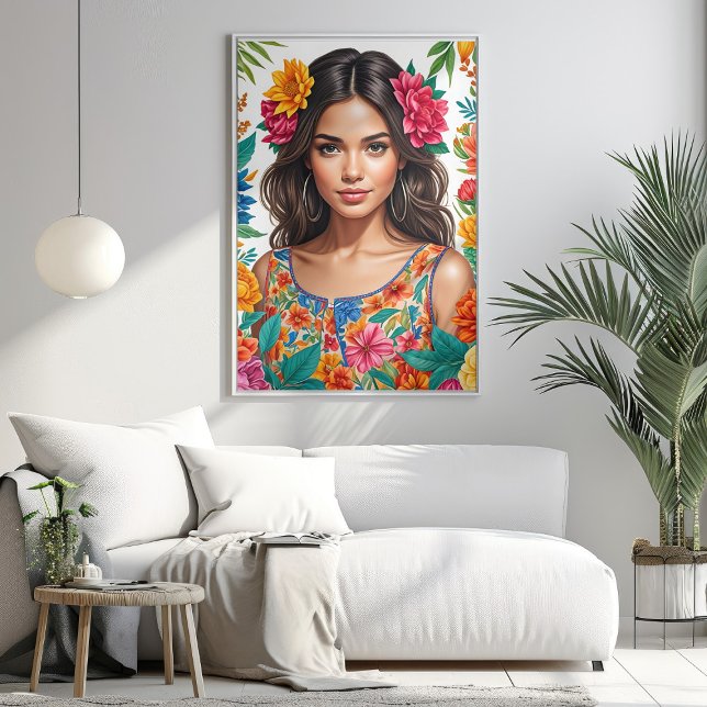 Poster Retrato de Aquarela Latino-Americana (Vibrant Latino American Girl Watercolor Portrait Poster Mockup 1)