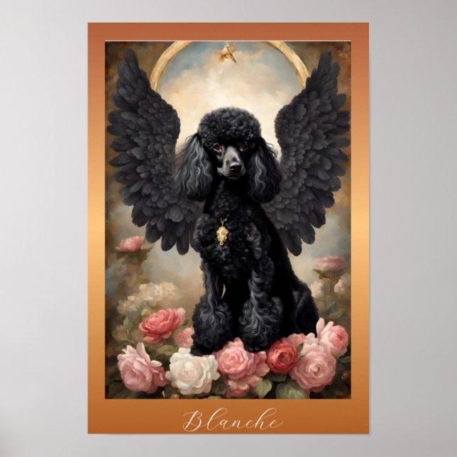 Poster Retrato de Arte Clássica do Poodle Francês Negro (Frente)