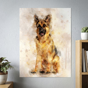 Poster Retrato de Arte em Aquarela de Pastor Alemão