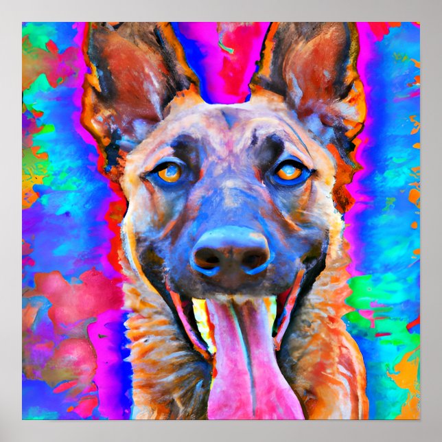 Poster Retrato de Arte Malinois Belga Louco e Feliz (Frente)