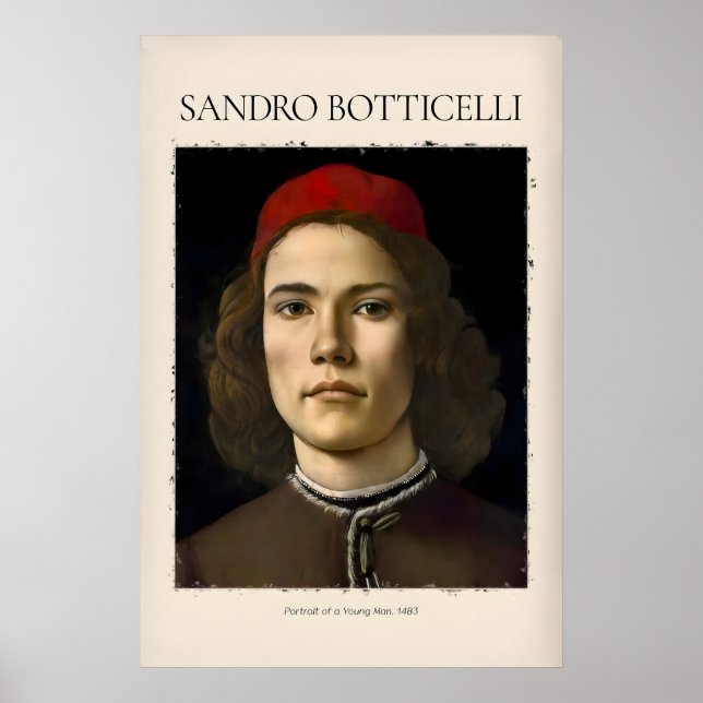 Poster Retrato de Botticelli de Jovem com Chapéu Vermelho (Frente)