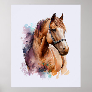 Poster Retrato de cabeça de cavalo marrom em aquarela