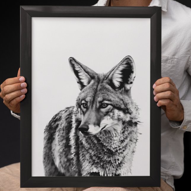 Poster Retrato de Cabeça de Coyote Preto Branco Animal (Criador carregado)