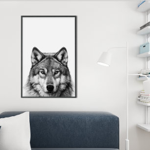Poster Retrato de Cabeça de Lobo Preto e Branco