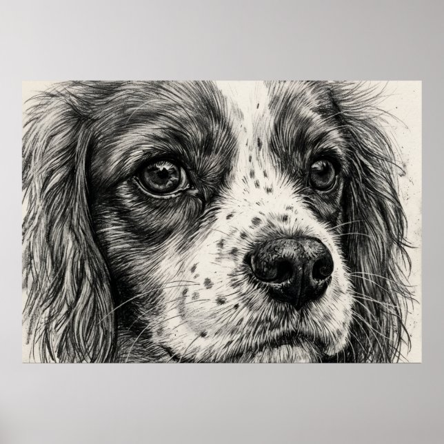 Poster Retrato de Cavalier King Charles Spaniel com Lápis (Frente)