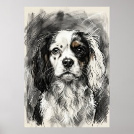 Poster Retrato de Cavalier King Charles Spaniel em Carvão