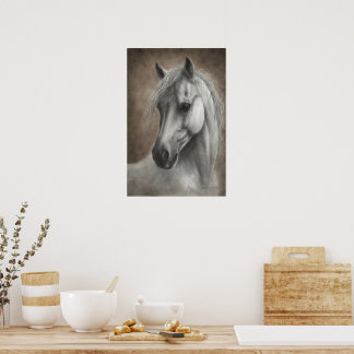 Poster Retrato de Cavalo Branco Pintado à Mão Elegante Eq