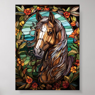 Poster Retrato de Cavalo em Arte de Vidro Manchado Floral