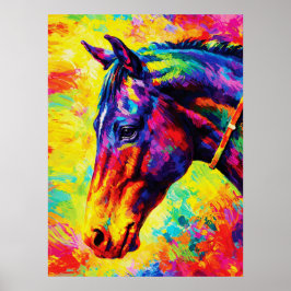 Poster Retrato de Cavalo Vibrante Impasto Colorido Selvag