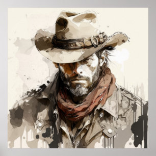 Poster Retrato de Cowboy Ocidental pintando cavalos histó