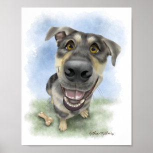 Poster Retrato de Desenho Animado de Cachorro Feliz