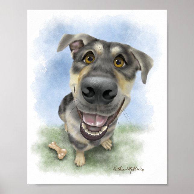 Poster Retrato de Desenho Animado de Cachorro Feliz (Frente)