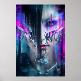 Poster Retrato de Distorção Neon de Rosto Cyberpunk com F