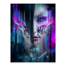 Retrato de Distorção Neon Rosto Cyberpunk Glitch