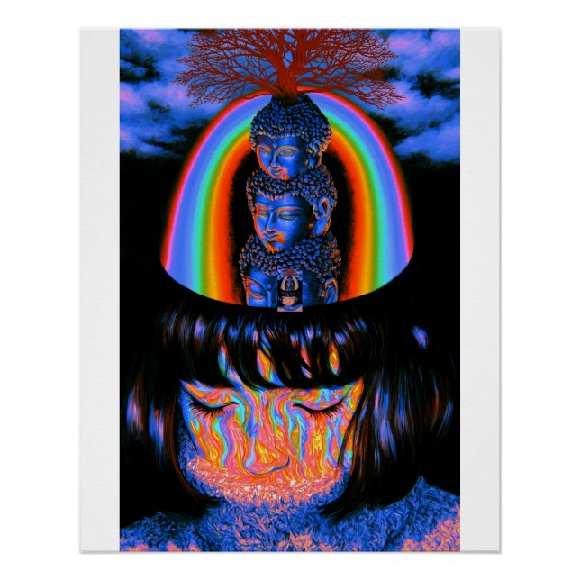 Póster Retrato de Fumaça Arco-íris do Triplo Buda (Frente)