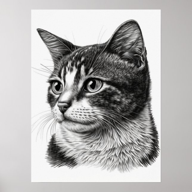 Poster Retrato de Gato Branco e Preto Monocromático (Frente)
