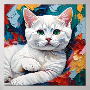 Poster Retrato de Gato Branco em Cores Abstratas