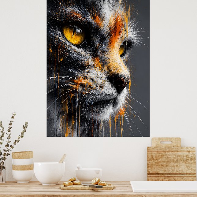 Poster Retrato de Gato de Arte Salpicado Laranja e Cinza  (Cozinha)