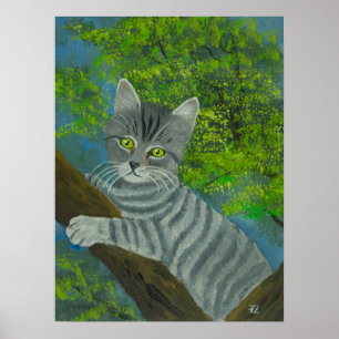 Poster Retrato de Gato de Olho Verde em Árvore