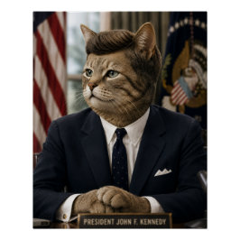 Póster Retrato de Gato JFK | Arte Engraçada de Gato Presi