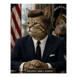 Póster Retrato de Gato JFK | Arte Engraçada de Gato Presi