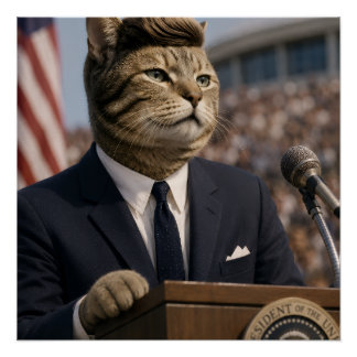 Póster Retrato de Gato JFK | Arte Engraçada de Gato Presi