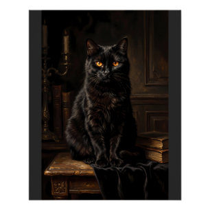 Póster Retrato de Gato Preto Místico Vintage em Pintura a