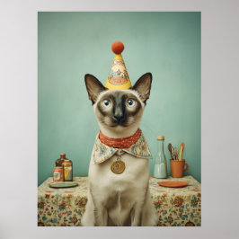 Poster Retrato de Gato Siamesês Vintage com Chapéu de Fes