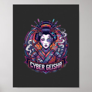 Poster Retrato de Geisha Cibernética Neon Cyberpunk