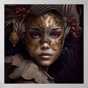 Poster Retrato de Máscara Veneziana em Dourado e Burgundy