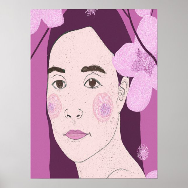 Poster Retrato de Menina Floral Rosa  (Frente)