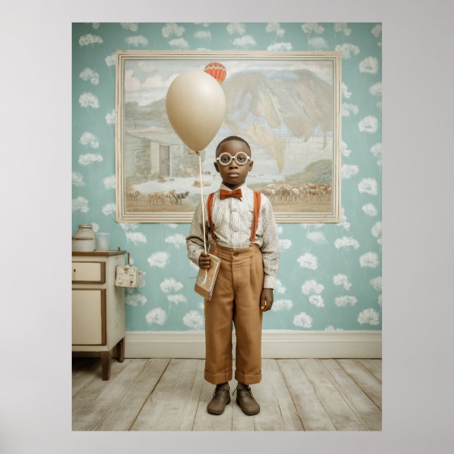 Poster Retrato de Menino Antigo com Balão (Frente)