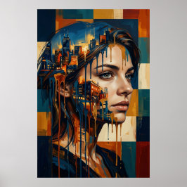 Poster Retrato de Mulher com Paisagem Urbana em Dupla Exp