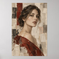 Retrato de Mulher Elegante em Figura Abstrata Verm